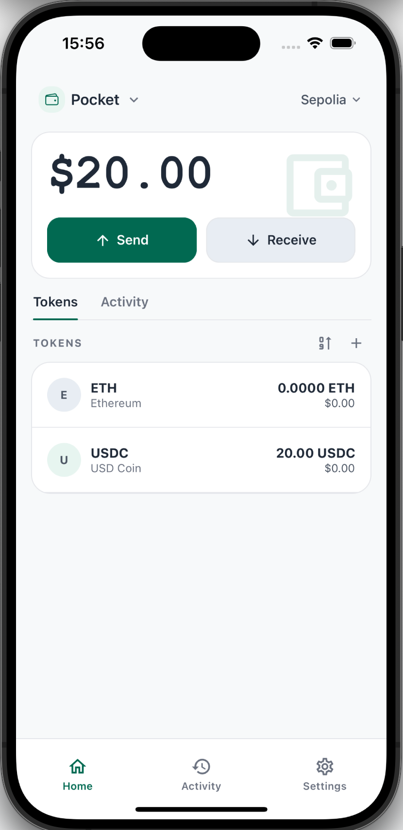 Cedar Wallet iOS app showing the Pocket home screen
