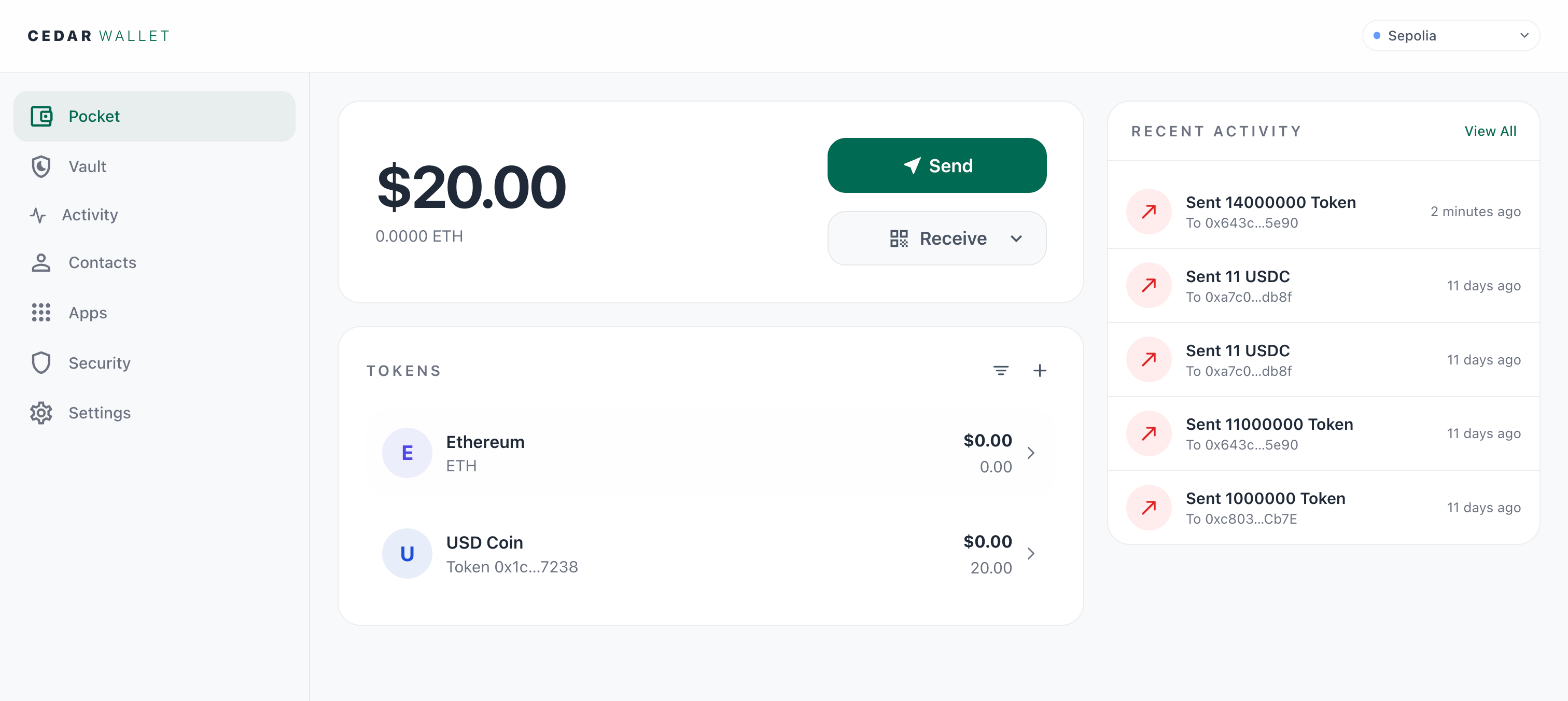 Cedar Wallet web dashboard